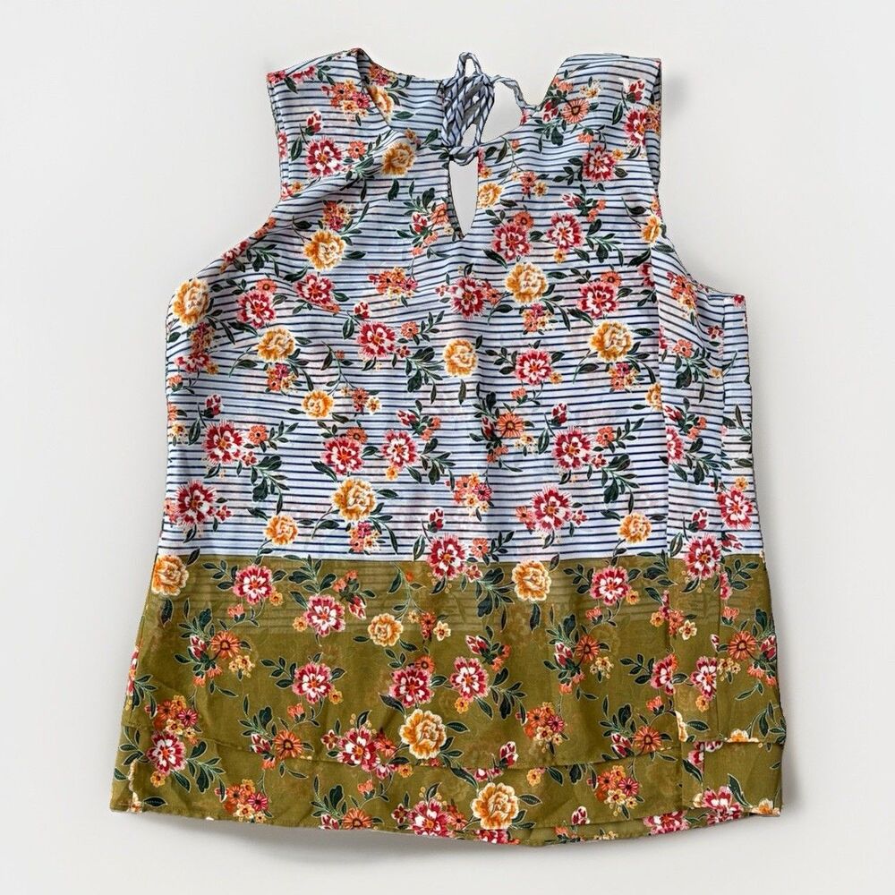 Cabi Penelope Tank Top L Floral Striped Layered Sleeveless Blouse Keyhole 5354